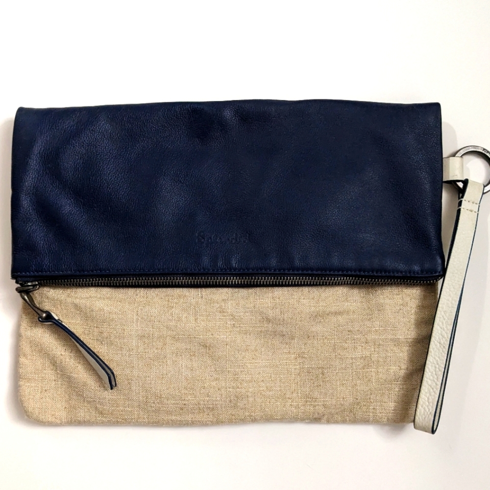 Splendid Blue Soft Leather and Natural Linen Fold Over Zip Top Large Clutch
